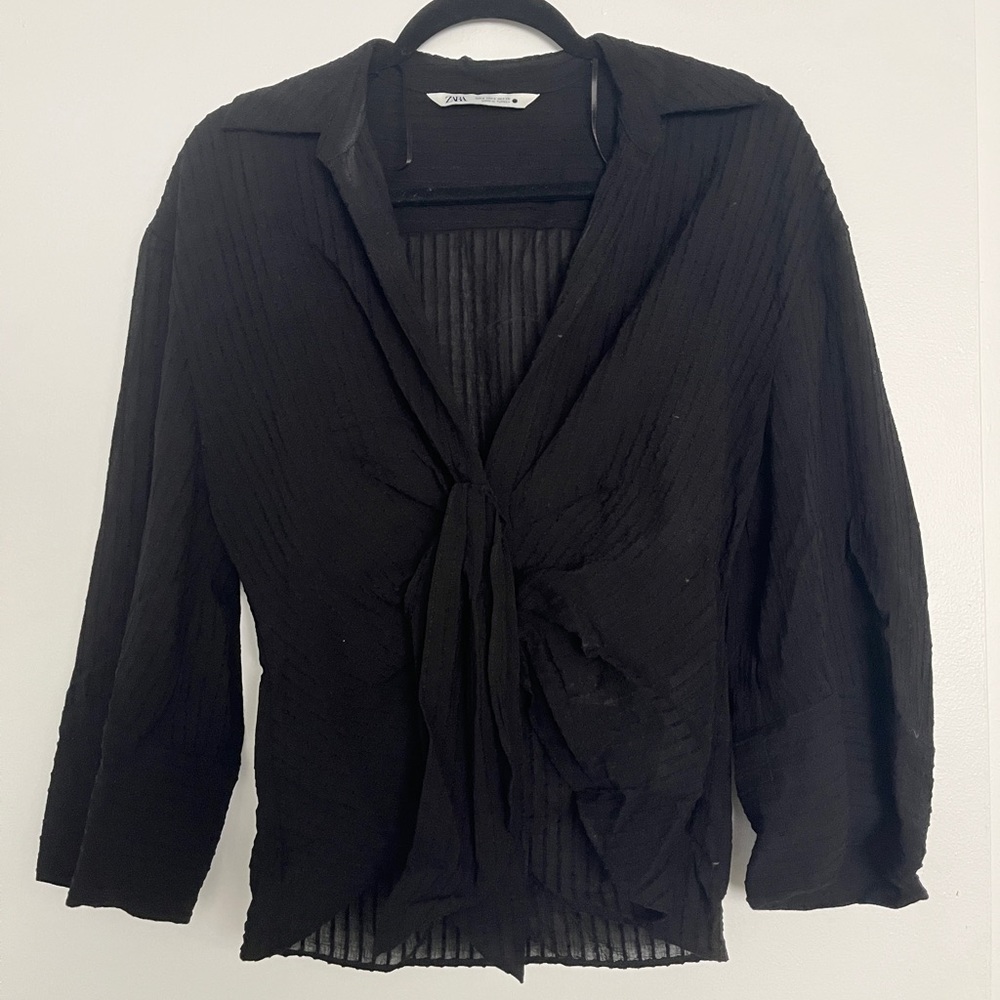 New Black Sheer Zara V-Neck Long Sleeve Button Top with Tie Detail